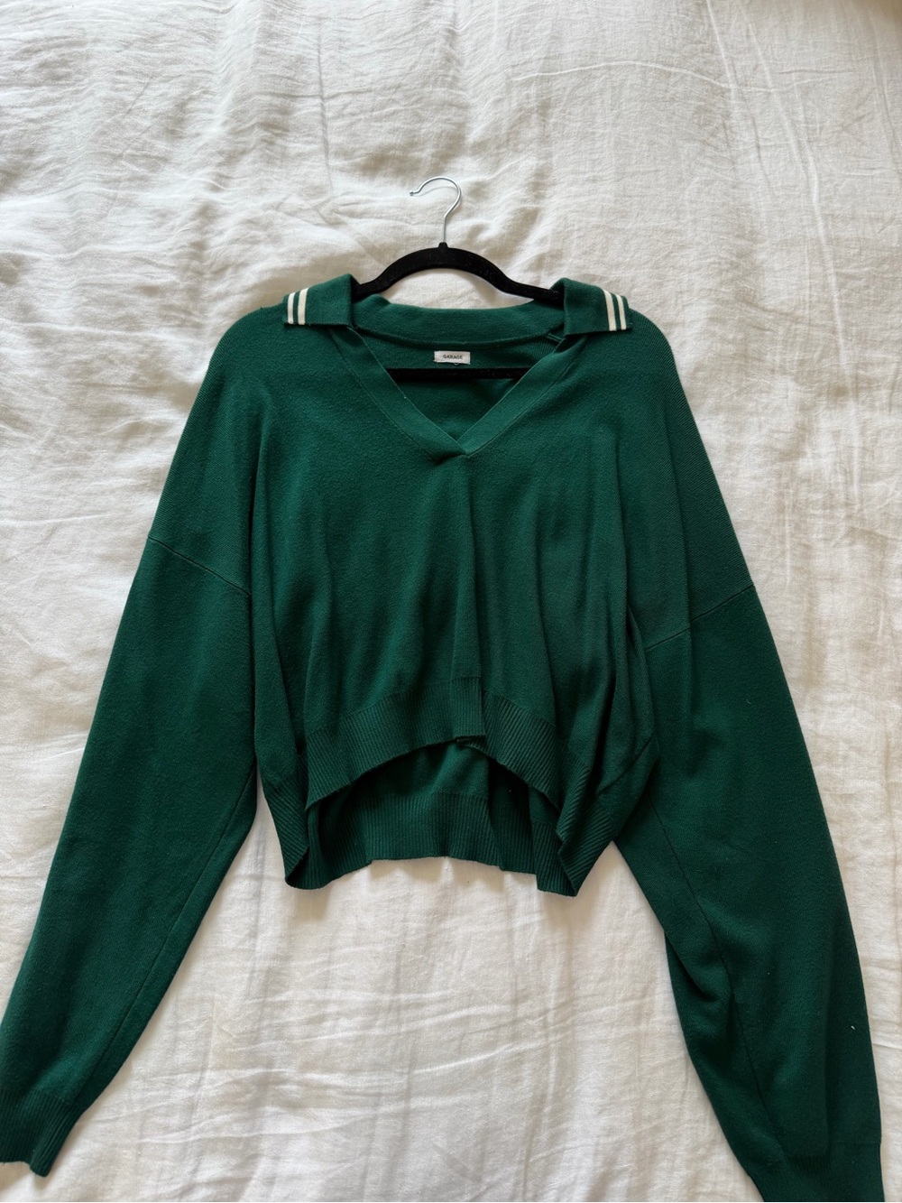 Garage Dark Green Cropped V-Neck Polo Sweater with White Stripe